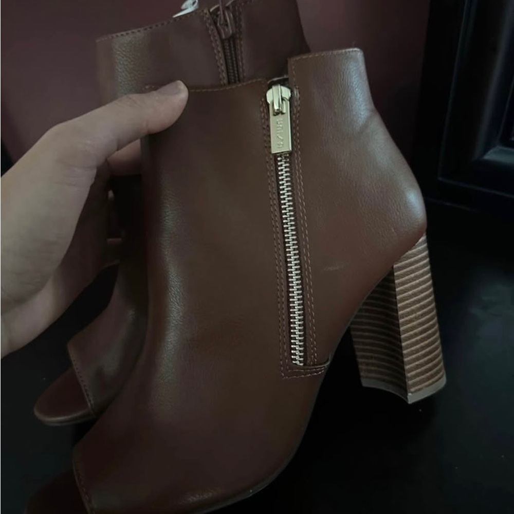 Women’s Brown Leather Peep-Toe Ankle Boots with Side Zip NWT